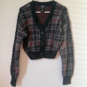 Hot Topic Social Collision Whimsigoth Black and Red Plaid Women’s Cardigan